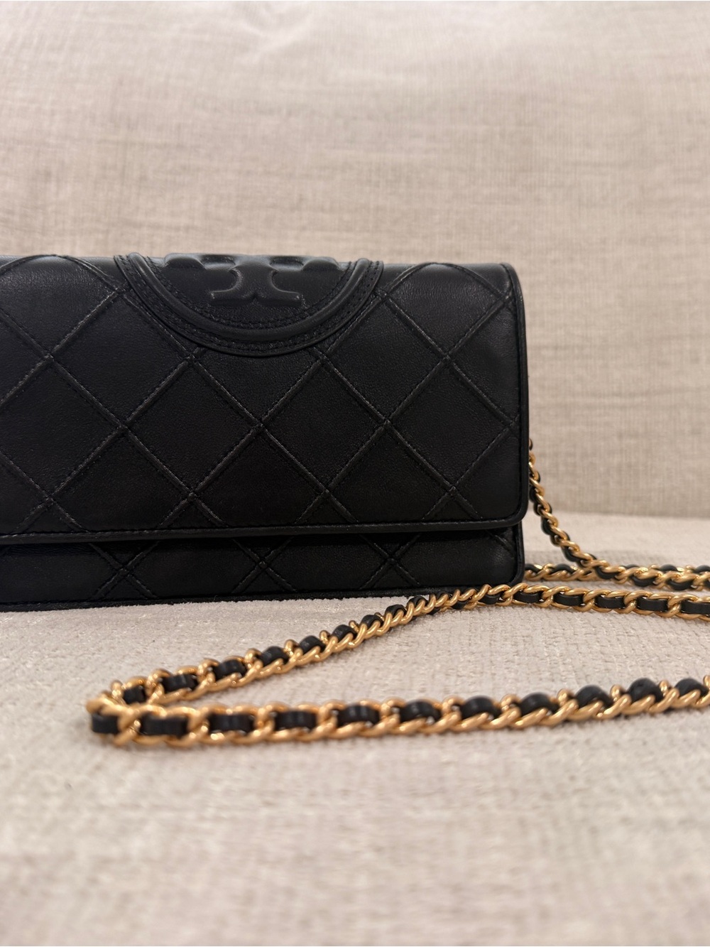 Tory Burch Black Quilted Leather Crossbody with Gold Chain Strap